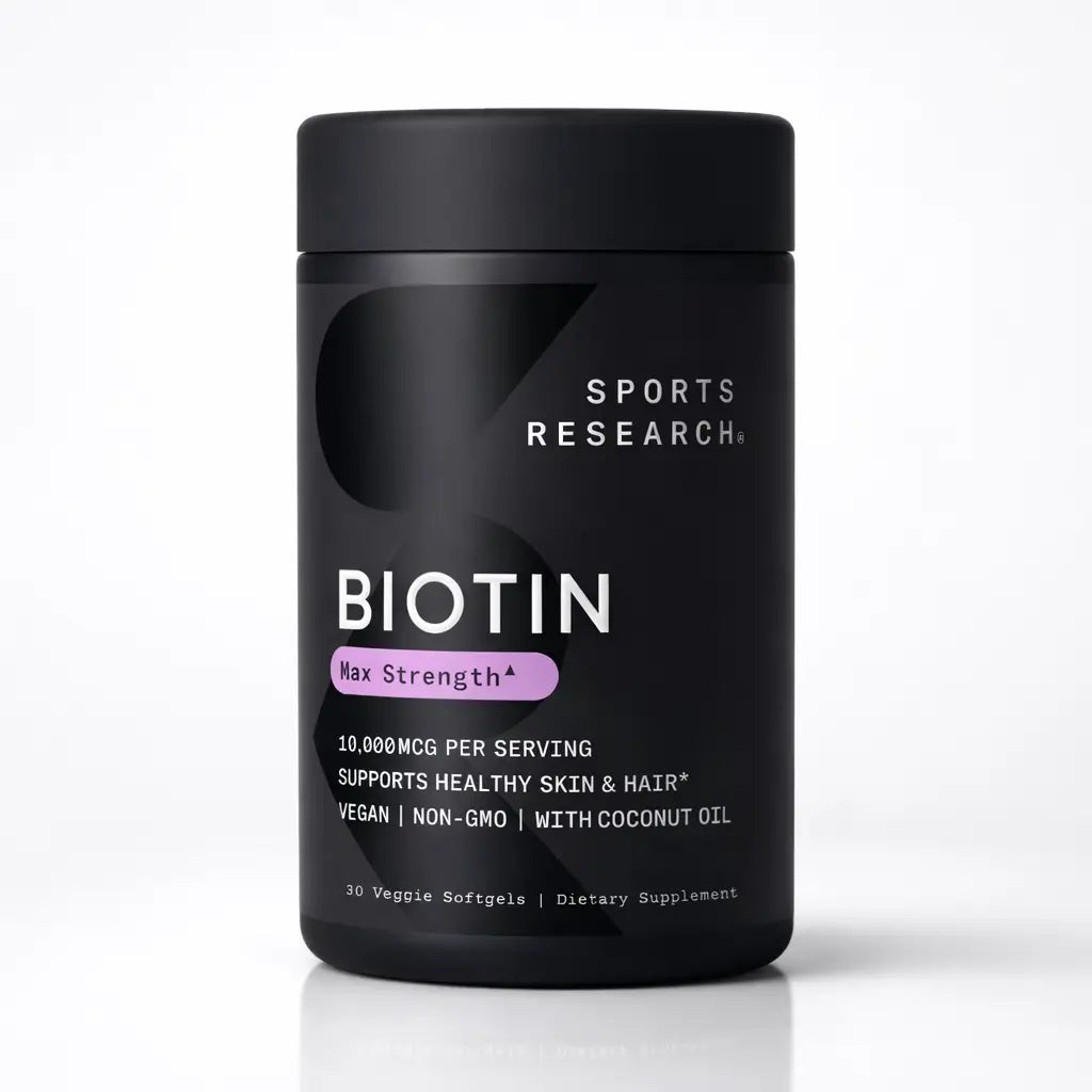 Fortalece y acelera el crecimiento de tu cabello, mejora la salud y firmeza de tu piel y fortalece las uñas frágiles con el suplemento Biotin Max Strength de Sports Research (10.000 mcg - 30 Cápsulas)